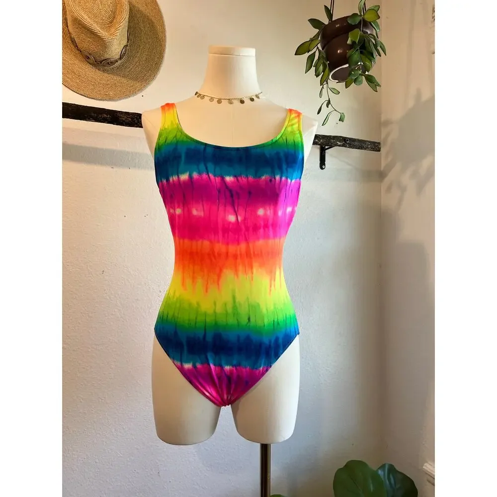 Vintage Rainbow Tie Dyed One Piece Swim Suit Size Small - Medium